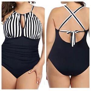 Daci One Piece Tummy Control Bathing Suit Black Striped Plus Womens Size 18W